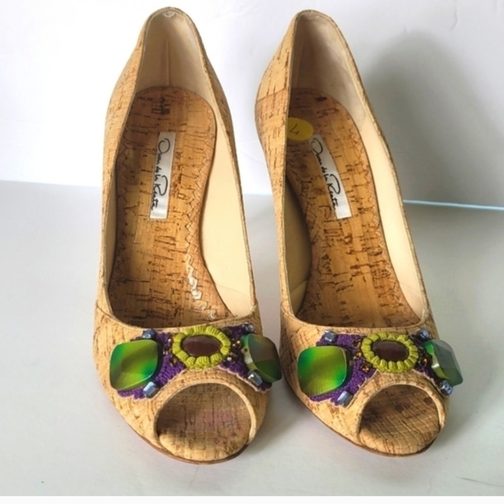 Oscar de la Renta Cork Heels with Vibrant Gem Accents